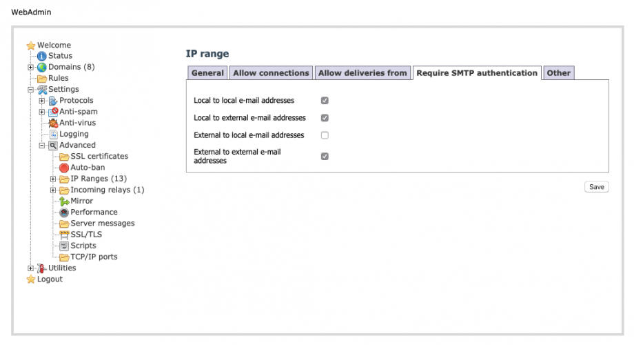 hMailServer - IP range - Require SMTP authentication